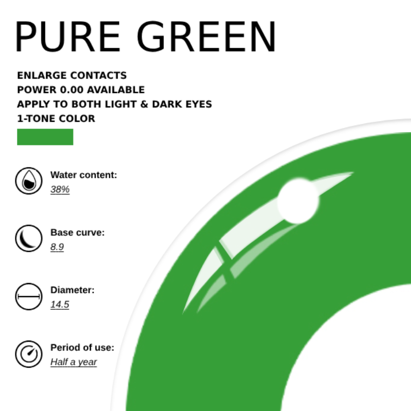 EyeMoody sphärische grüne Kontaktlinsen | 0,00, 6 Monate (2 Linsen)