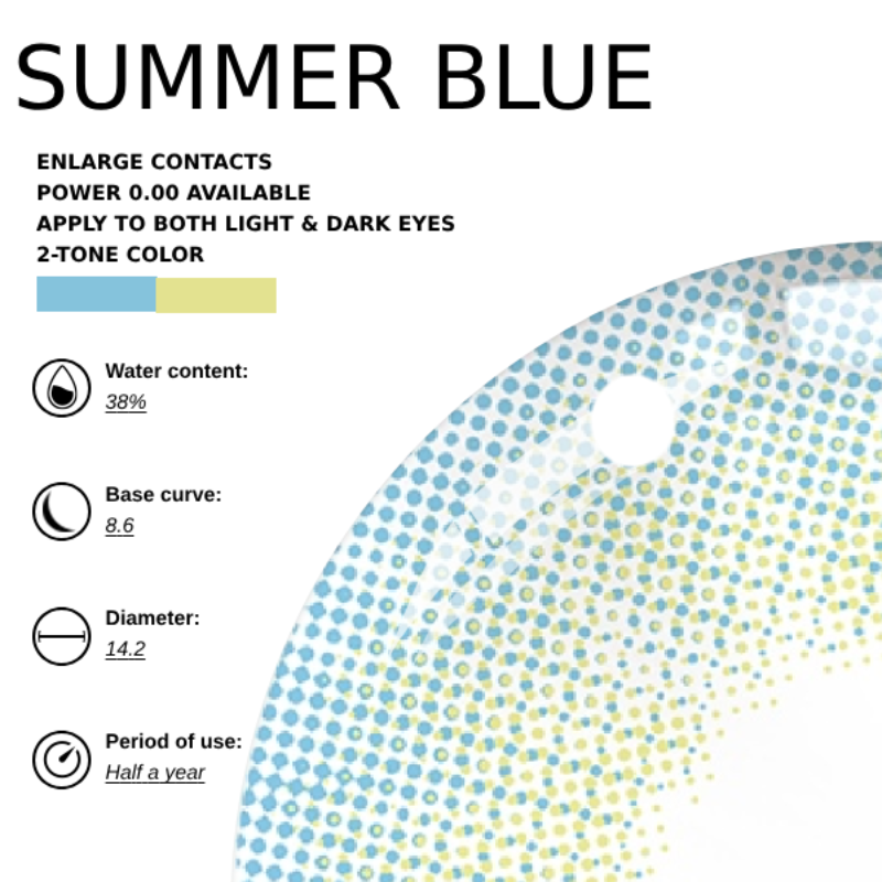 Eyemiol Verano Lentes De Contacto De Color Azul | 0.00, 6 Meses (2 lentillas)