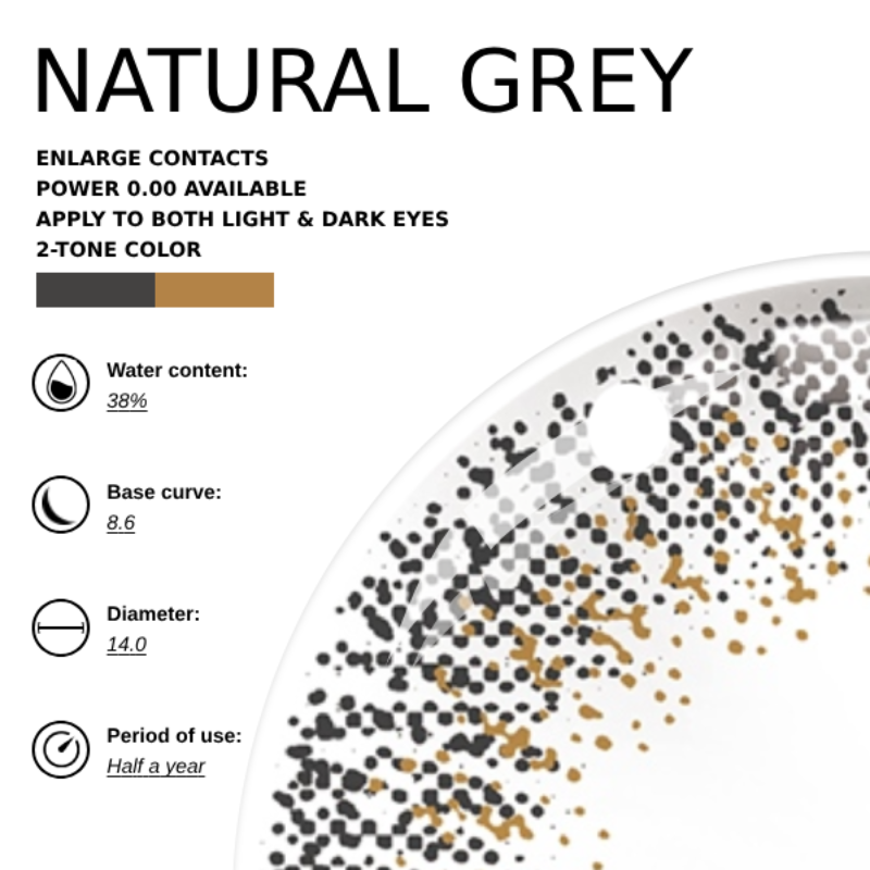 Eyemiol Lentillas de Contacto de Color Gris Natural | 0.00, 6 Meses (2 lentillas)