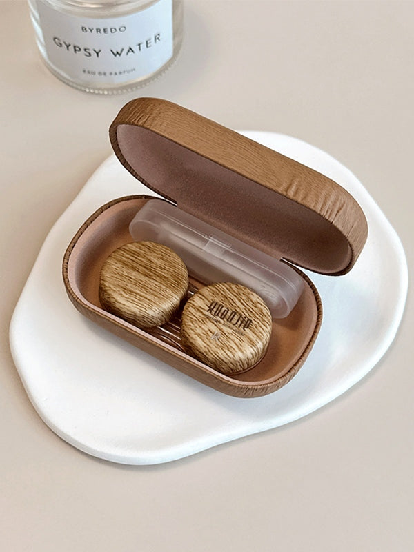 Large Pu Leather Wooden Contact Lens Case