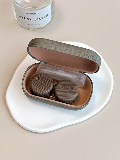 Large Pu Leather Wooden Contact Lens Case